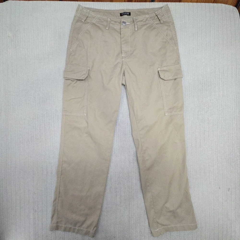 True Religion Cargo Pants Mens 32x32 Beige Canvas Logo Pockets Casual Workwear
